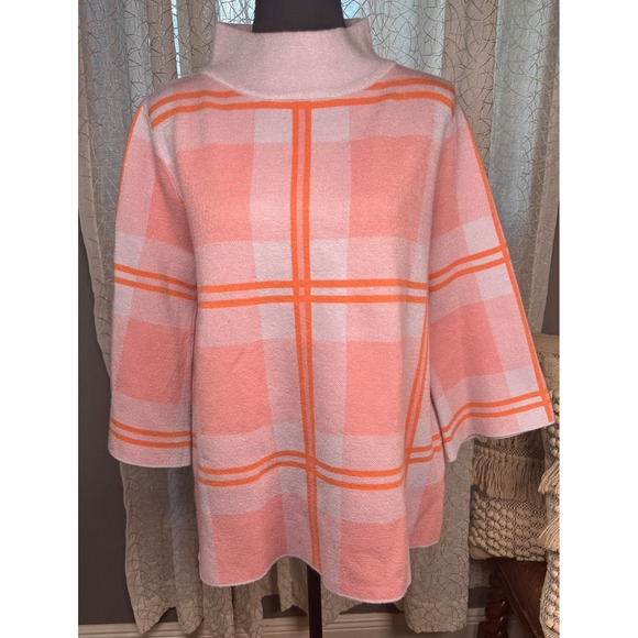 Fate‎ Pink Orange Plaid Mock Neck Poncho Sweater Cape Size M - Picture 1 of 7